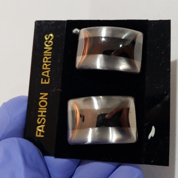 Back, Silver Dual-Tone Stud Earrings Modern Stripe Design, 0.5x1 Fashion Jewelry - Picture 7 of 8